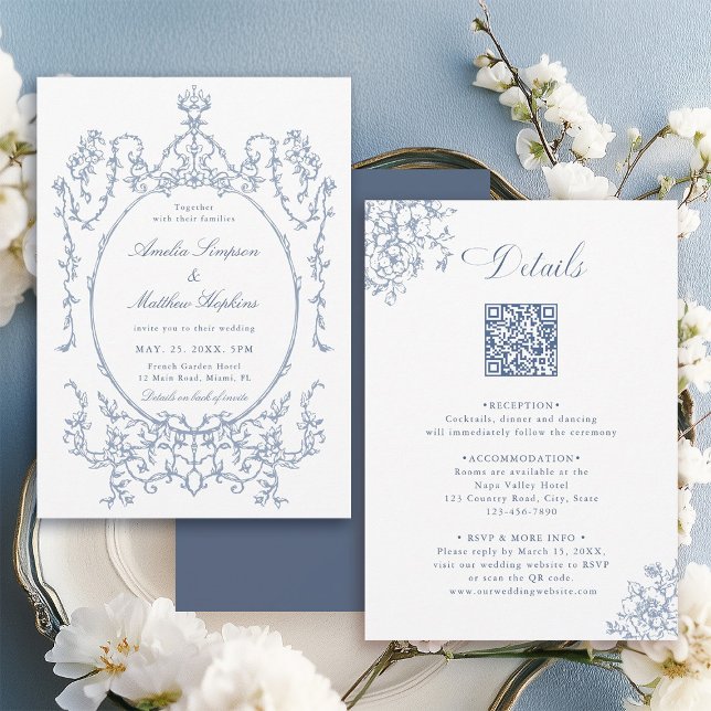 Invitación All in One Floral Frame Blue Wedding               (Front & Back)