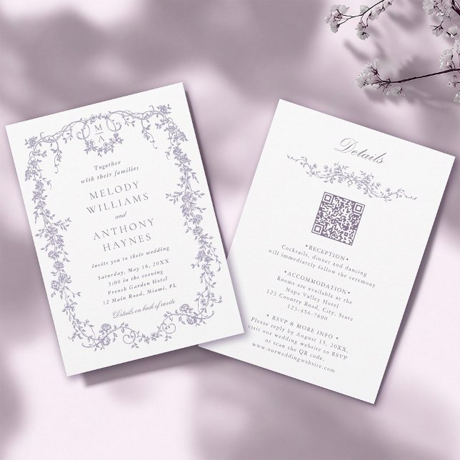 Invitación All in One French Victorian Lavender Wedding  (Front & Back)