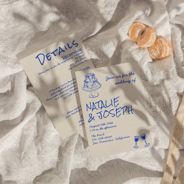 Invitación All In One Hand Drawn Blue Cake Bows Wedding  (Subido por el creador)