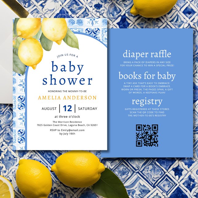 Invitación All in One Italian Blue Tiles Lemon Baby Shower (Subido por el creador)