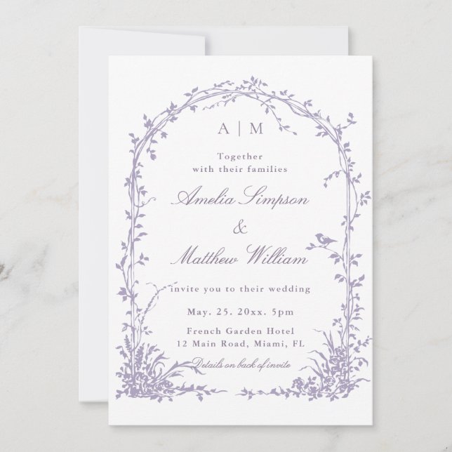 Invitación All in One Lavender Botanical Arch Garden Wedding  (Anverso)