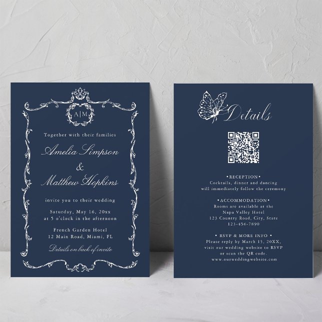 Invitación All in One Modern Classic French Wedding Navy Blue (Front & Back)