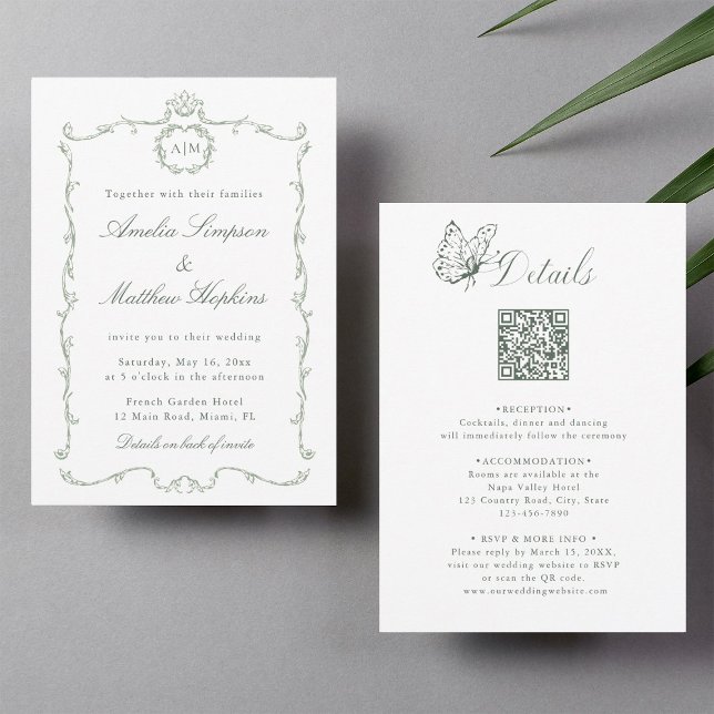 Invitación All in One Modern Classic Wedding Sage Green (Front & Back)