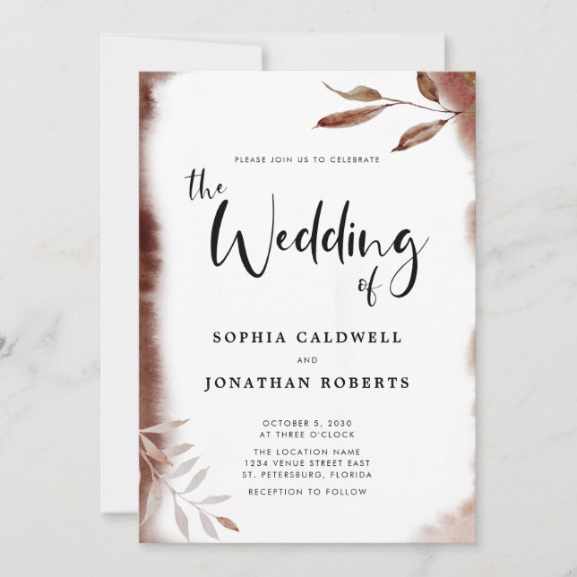Invitación All in One Moody Fall Foliage Calligraphy Wedding (Anverso)