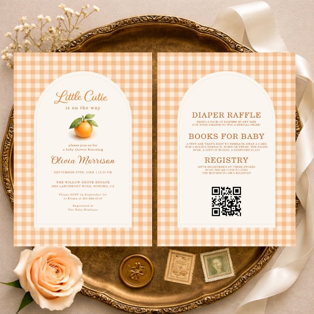 Invitación All in One Orange Gingham Little Cutie Baby Shower (Subido por el creador)