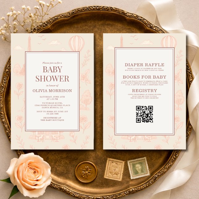 Invitación All in One Paris French Toile QR Code Baby Shower (Subido por el creador)