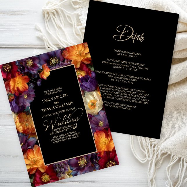 Invitación All in One Purple and Orange Floral Black Wedding (Subido por el creador)
