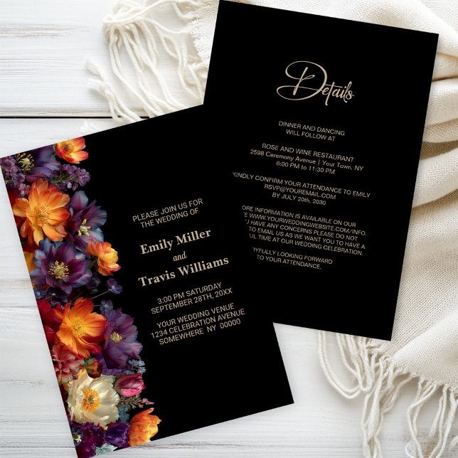 Invitación All in One Purple and Orange Floral Black Wedding (Subido por el creador)