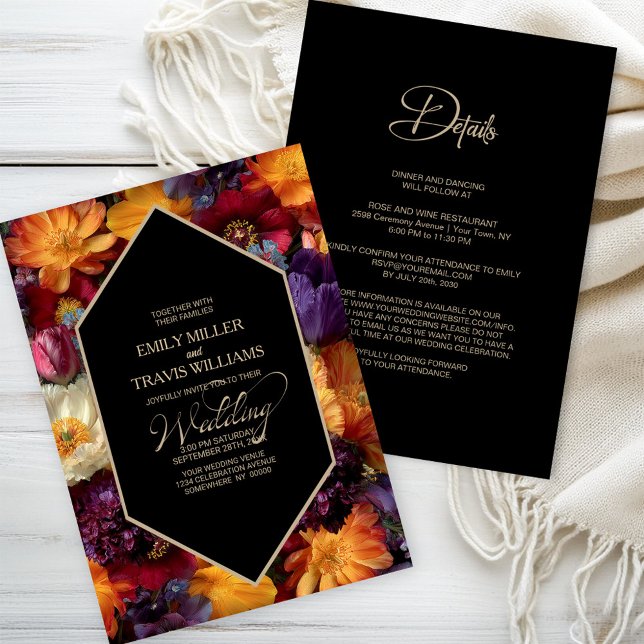 Invitación All in One Purple and Orange Floral Black Wedding (Subido por el creador)