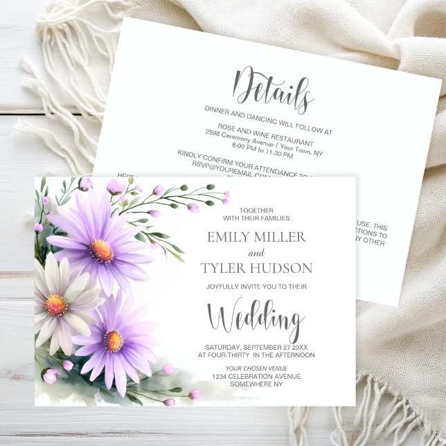 Invitación All in One Purple and White Daisies Wedding (Subido por el creador)