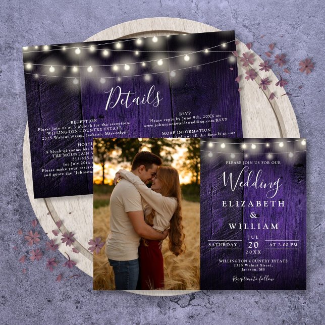 Invitación All In One Purple Wood String Luces Boda Foto (All In One Purple Wood String Lights Wedding Photo Invitation)
