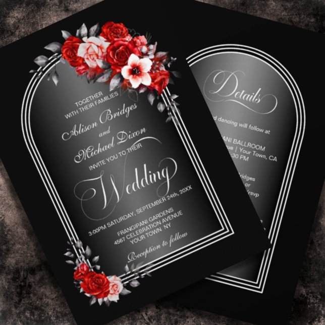 Invitación All In One Red Floral Arch Black Grey Wedding (Subido por el creador)