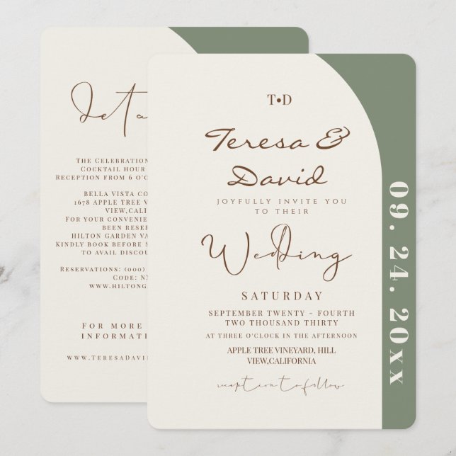 Invitación All in One Sage Green Modern  Wedding (Anverso / Reverso)