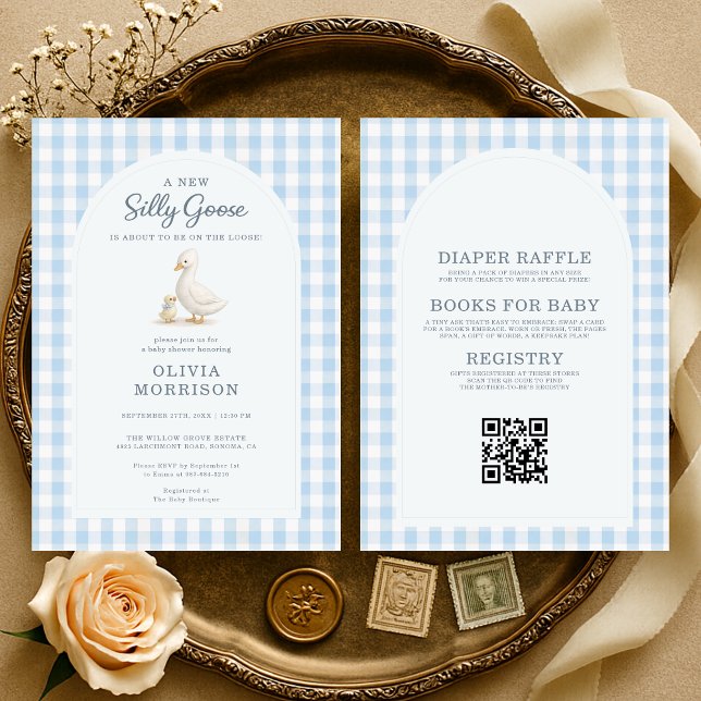 Invitación All in One Silly Goose Blue Gingham Baby Shower (Subido por el creador)
