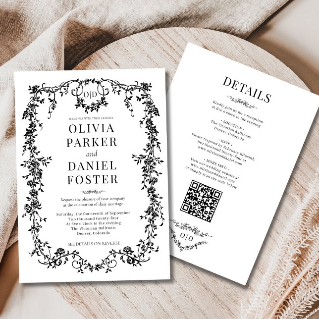 Invitación All in One Victorian Black Wedding Monogram (Subido por el creador)