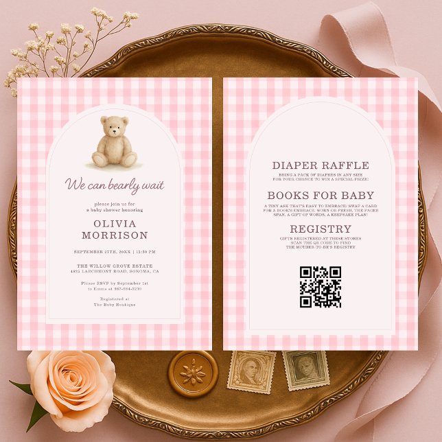 Invitación All in One We Can Bearly Wait Pink Gingham (Subido por el creador)