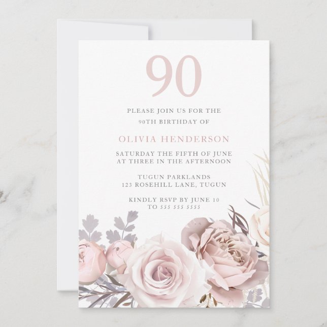 Invitación All Seasons Dusty Rosa y cumpleaños 90 de Rubor (Anverso)