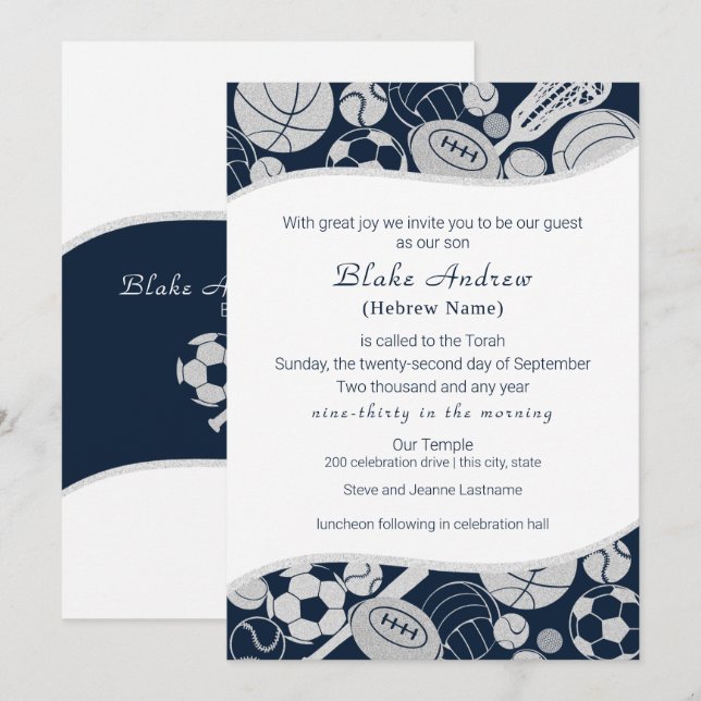 Invitación All Sports Bar Mitzvah Silver Blue (Anverso / Reverso)