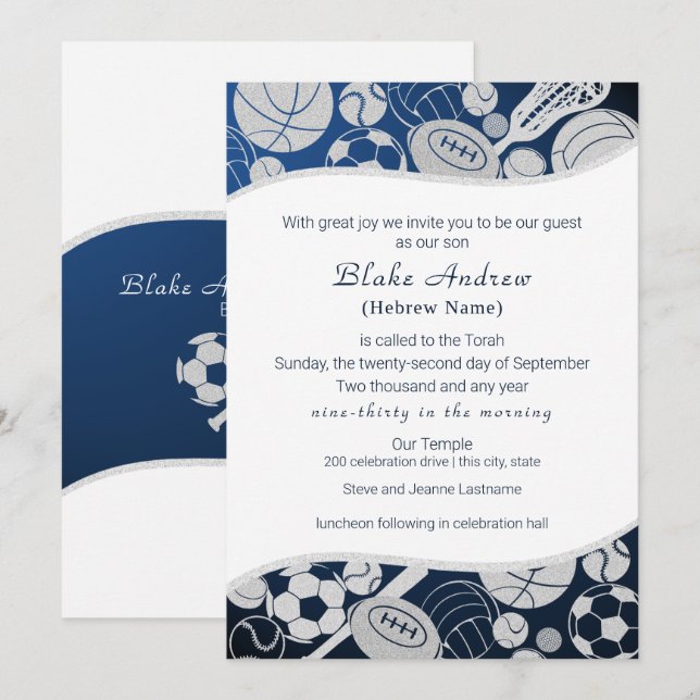 Invitación All Sports Bar Mitzvah Silver Blue (Anverso / Reverso)