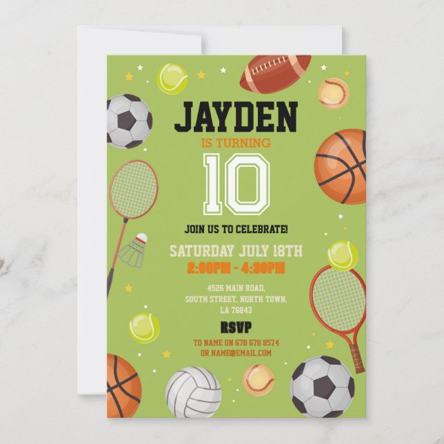 Invitación All Sports Birday Party Football Soccer Green (Anverso)