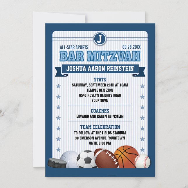 Invitación All Star Sports Blue Trading Card Bar Mitzvah (Anverso)