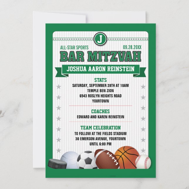 Invitación All Star Sports Green Trading Card Bar Mitzvah (Anverso)
