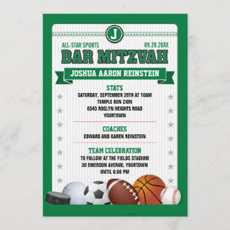 Invitación All Star Sports Green Trading Card Bar Mitzvah