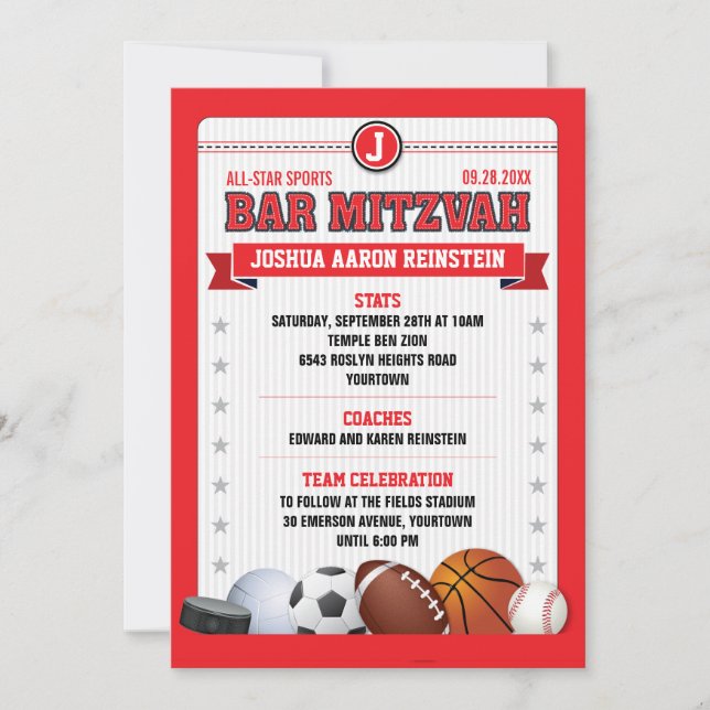 Invitación All Star Sports Red Trading Card Bar Mitzvah (Anverso)
