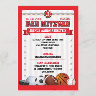Invitación All Star Sports Red Trading Card Bar Mitzvah