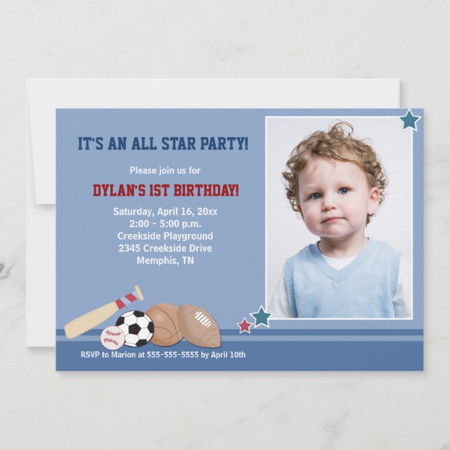 Invitación All Stars Sports *FOTO* Cumpleaños 5x7 (Anverso)