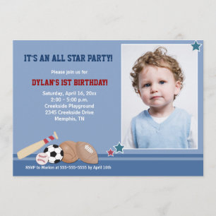 Invitación All Stars Sports *FOTO* Cumpleaños 5x7