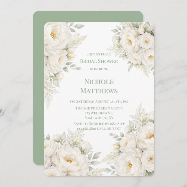 Invitación All White Floral Bridal Shower (Anverso / Reverso)