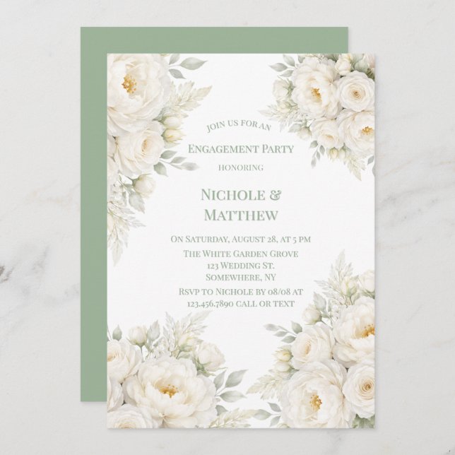 Invitación All White Floral Engagement Party (Anverso / Reverso)