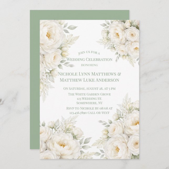 Invitación All White Floral Wedding Celebration (Anverso / Reverso)