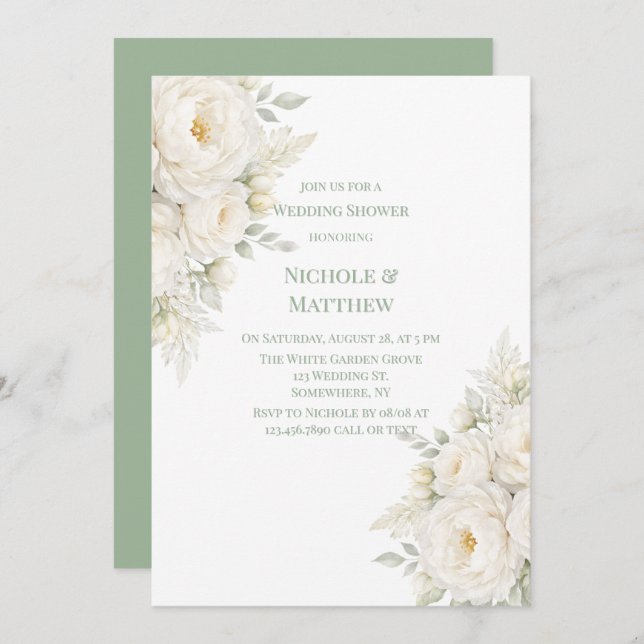 Invitación All White Floral Wedding Shower (Anverso / Reverso)