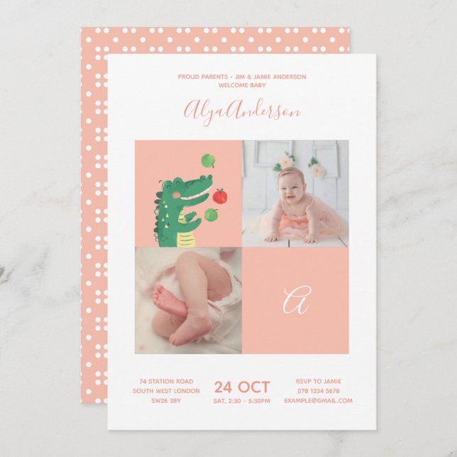 Invitación Alligator ・ Alphabet Monogram Cute Baby Shower (Anverso / Reverso)