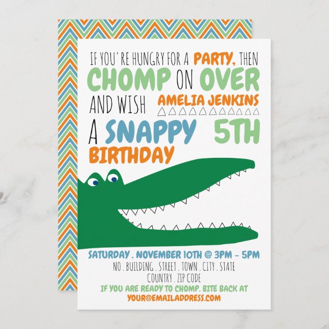Invitación Alligator Chomp, Chevron Cumpleaños Party Invitaci (Anverso / Reverso)