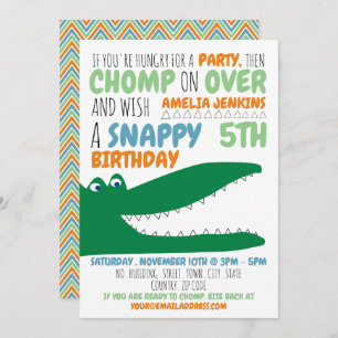 Invitación Alligator Chomp, Chevron Cumpleaños Party Invitaci