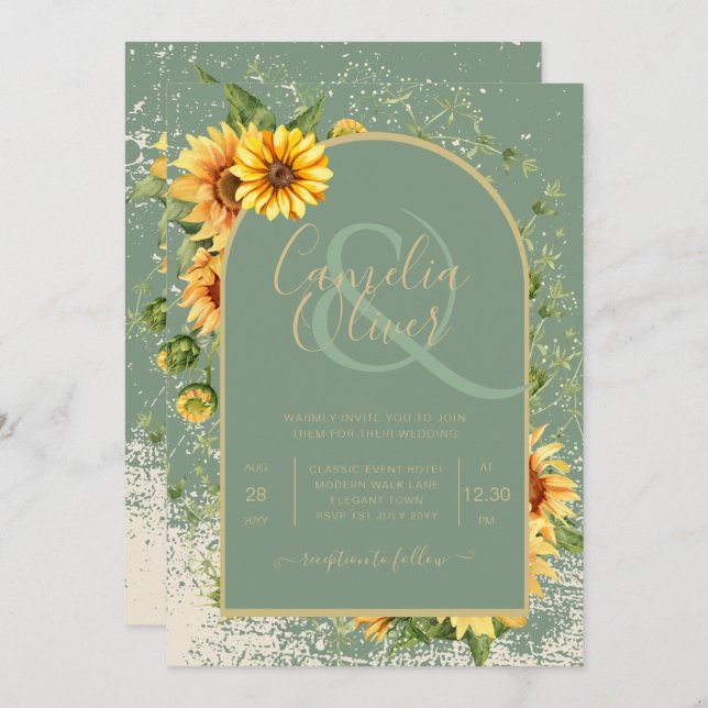 Invitación Allin, Boda de girasoles amarillos verdes y sabros (Anverso / Reverso)