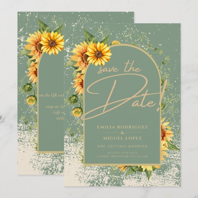 Invitación Allin, Boda de girasoles amarillos verdes y sabros (Anverso / Reverso)