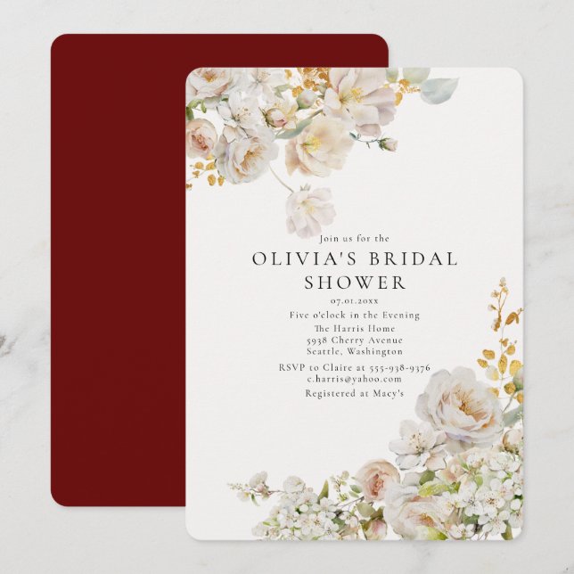 Invitación Allure - Rosas blancas y ducha de novia en el alie (Anverso / Reverso)