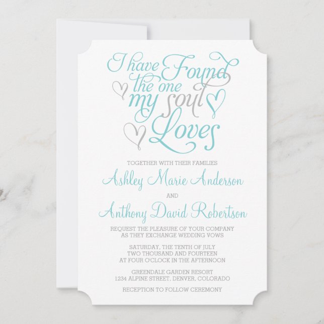 Invitación Alma gris turquesa ama al Boda del corazón (Anverso)