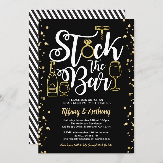 Invitación Almacene el oro del fiesta de compromiso de la (Anverso / Reverso)