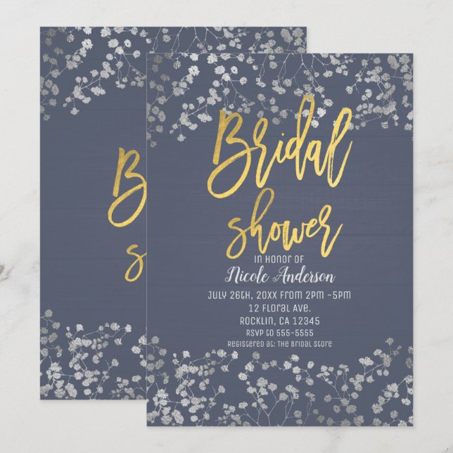 Invitación Almohadilla de bebé de papel de oro azul Moderno S (Anverso / Reverso)