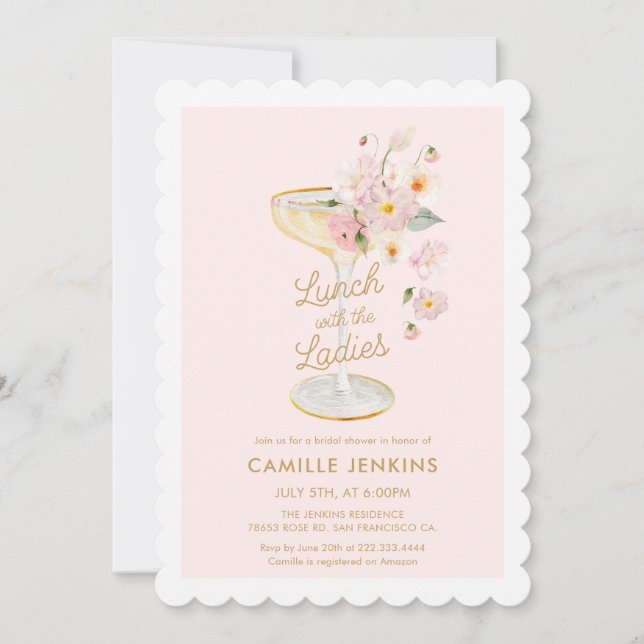 Invitación Almuerzo con las Damas Brunch Nupcial Rosa (Anverso)