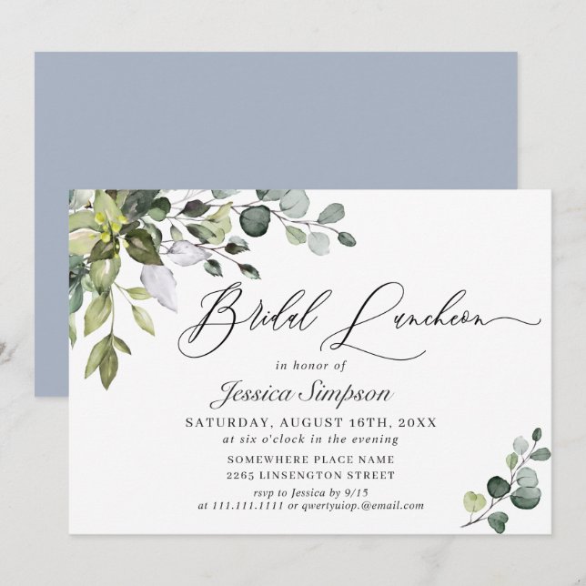 Invitación Almuerzo de Boda con Elegante Verde Eucalipto (Anverso / Reverso)