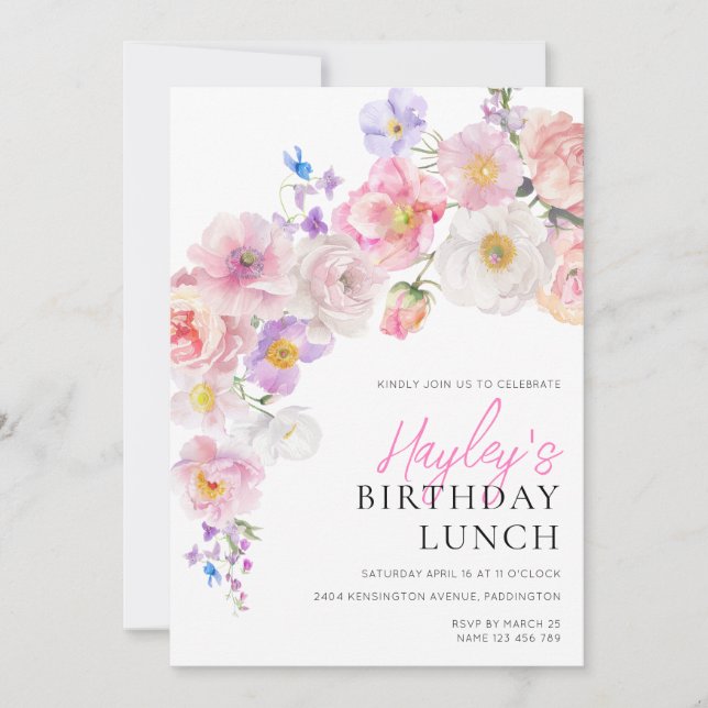 Invitación Almuerzo de cumpleaños con flores rosadas de Elois (Anverso)