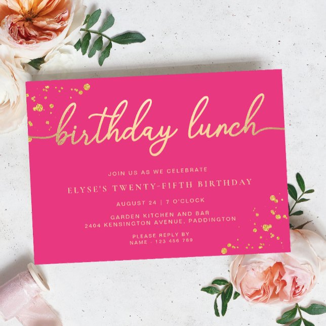 Invitación Almuerzo de cumpleaños de oro rosado caliente (Birthday Lunch Invitation Paintly Hot Pink Gold )