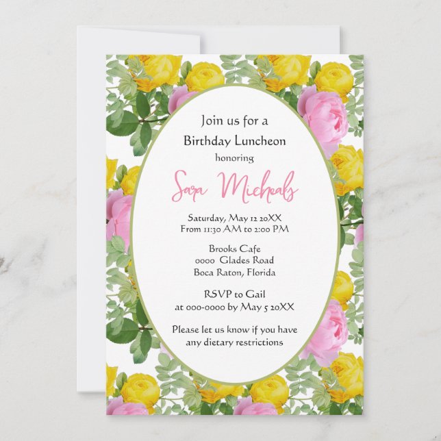 Invitación Almuerzo de cumpleaños de rosas pintadas de amaril (Anverso)