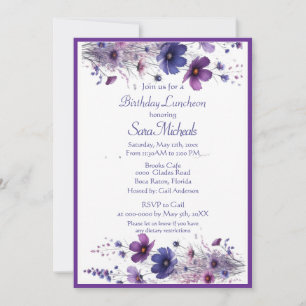 Invitación Almuerzo de cumpleaños Flores de acuarela púrpura
